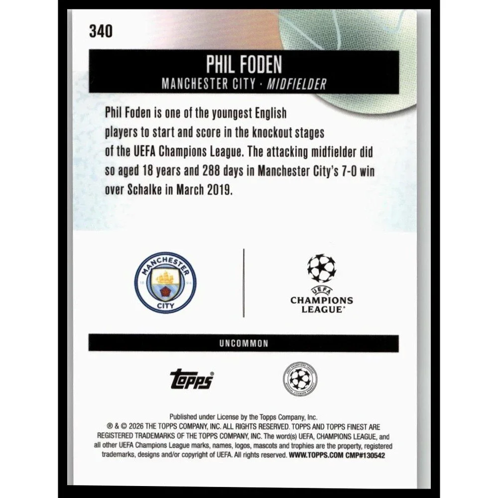 2025-26 Finest UEFA Phil Foden #340 Manchester City Uncommon